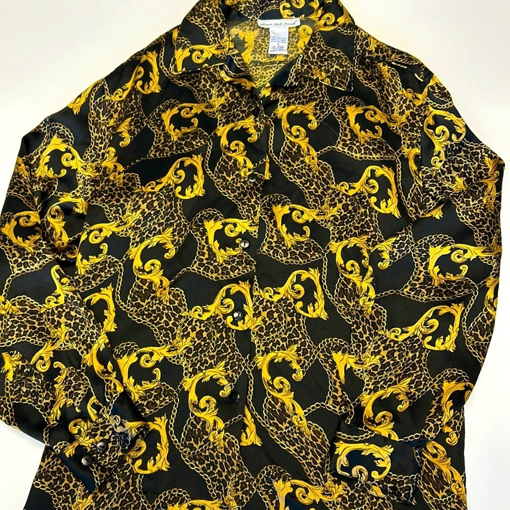 Vintage Anna and Frank Silk Long Sleeve Blouse Black, Gold, and Animal Print S